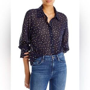 Aqua Bloomingdale’s Heart Print Sheer Button Long-Sleeve Blouse Size Small 💙💛